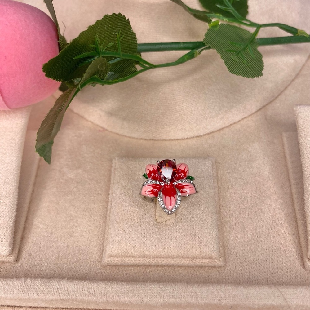 🌹 Silver Pink & Ruby Red Rhinestone Floral Ring 6 🌹 Including Velvet👑 Gift Box 🎀 - Picture 8 of 14